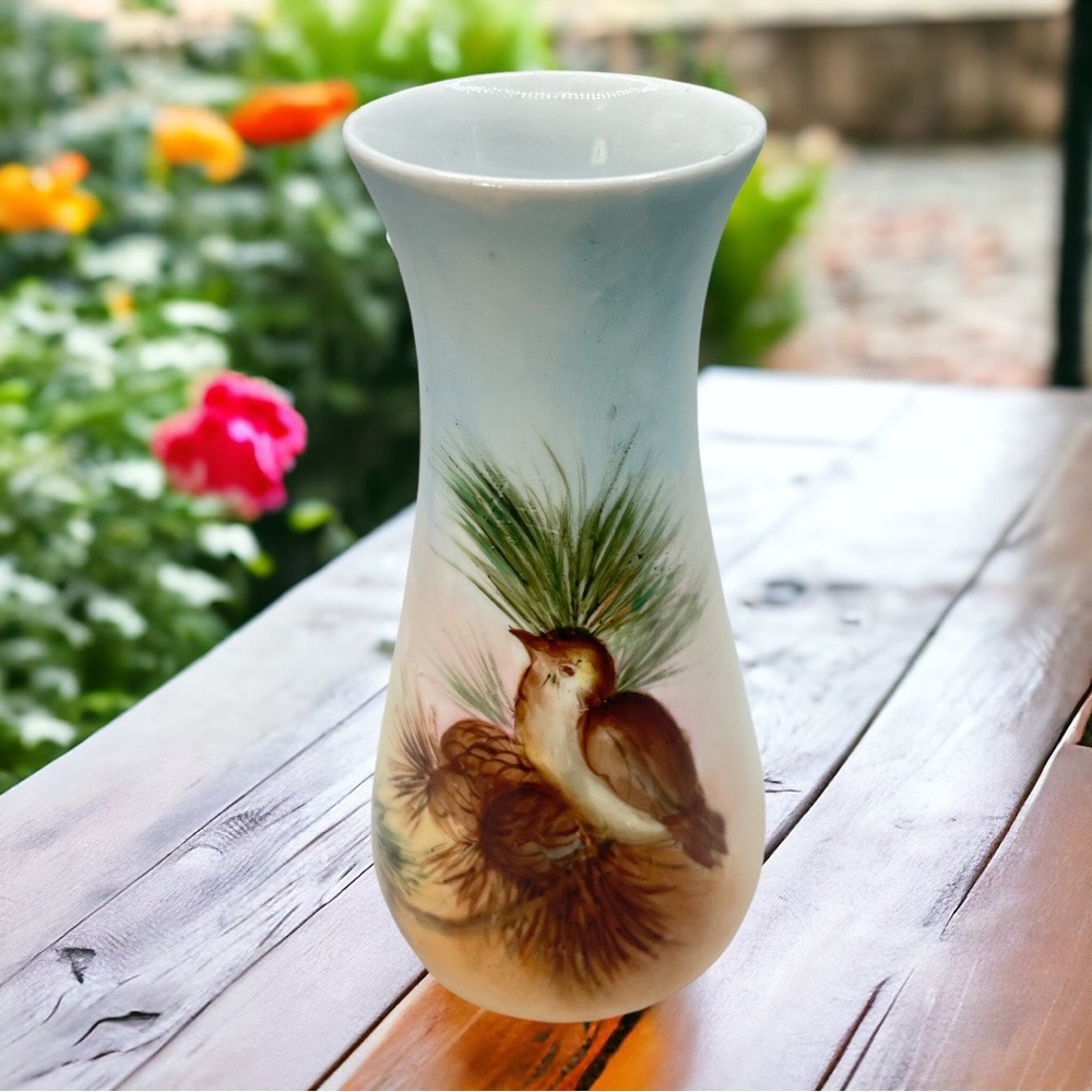 Vintage Hand Painted Bud Vase Bird on Branch Unmarked Porcelain Vase
